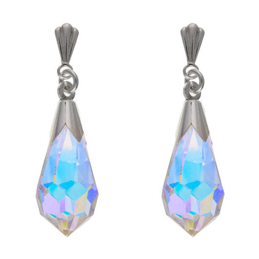 25MM Sparkly Rainbow AURORA AB Pear/Teardrop Cut Austrian Crystal Dangly/Dangle Drop Stud Earrings for Women/Teenage/Girls - 925 Sterling Silver - 7mm W X 25mm H