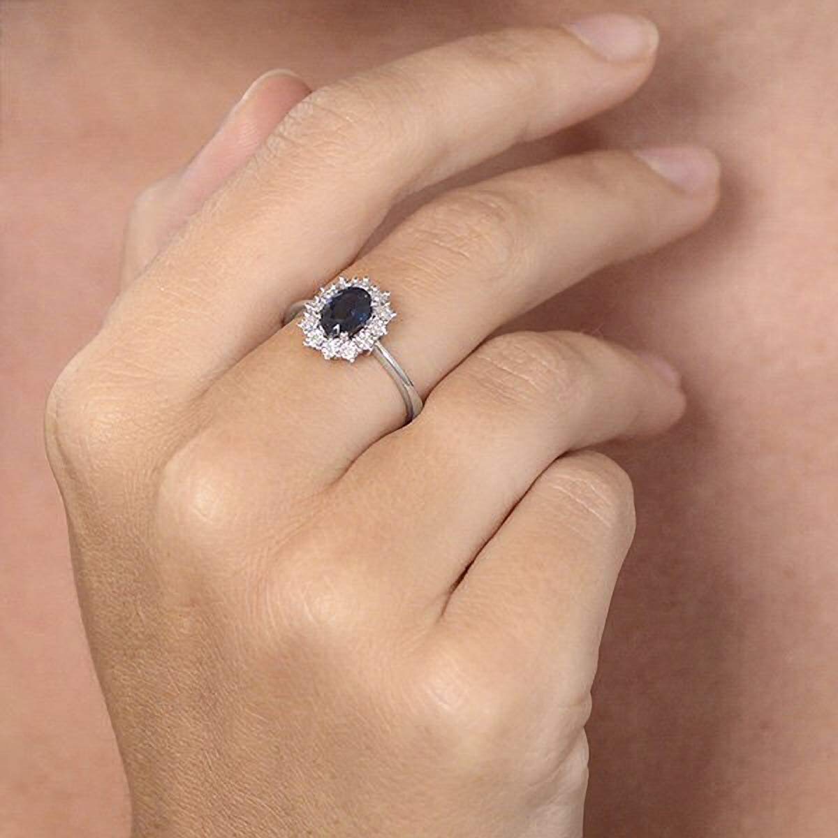 Womens Sterling Silver Blue Synthetic Sapphire & White Cubic Zirconia (CZ) Oval Cluster Engagement Ring - PETITE Replica Kate Middleton/Princess Diana Ring/The Royal Ring - Available in Sizes: J-R