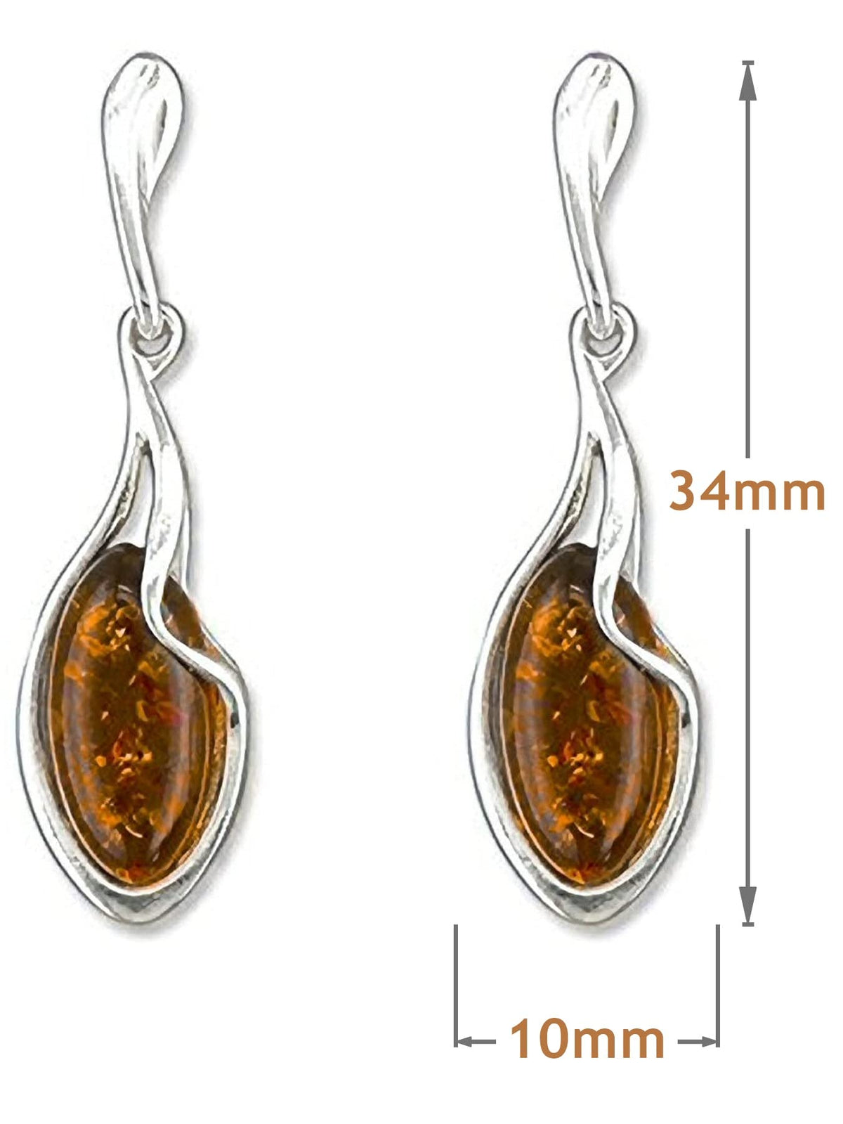 Sterling Silver Teardrop Baltic Honey Dangly/Dangle Drop Amber Earrings for Women/Ladies/Girls - 925 Sterling Silver - Unusual Fancy Cognac Amber Jewellery. 080436