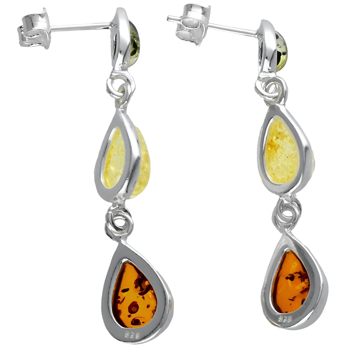 Amber Sterling Silver Earrings - Unusual Long Mixed Orange Yellow & Green Amber Fancy Dangly Drop 070405