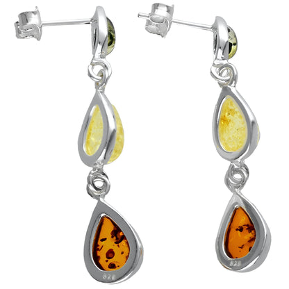 Amber Sterling Silver Earrings - Unusual Long Mixed Orange Yellow & Green Amber Fancy Dangly Drop 070405