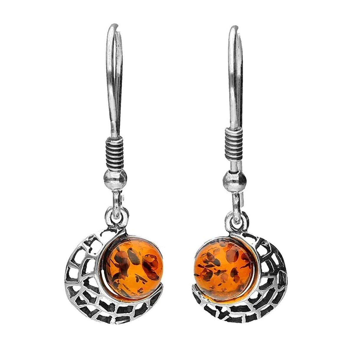 Amber Sterling Silver Earrings - Unusual Amber Fancy Silver Dangly Drop Earrings - for Amber Jewellery Lovers 070404
