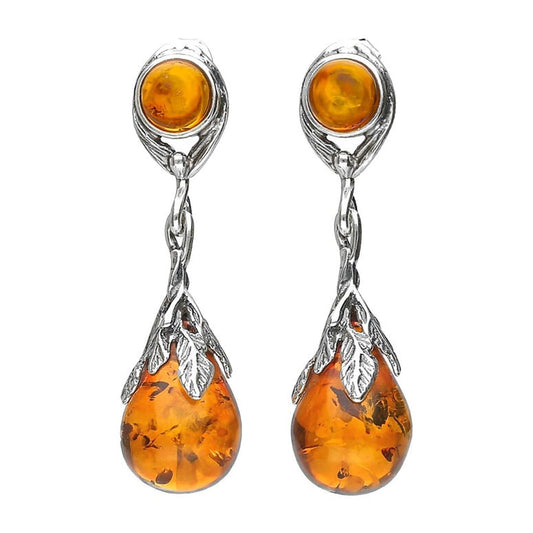 Amber Sterling Silver Earrings - Unusual Swirl Amber Fancy Dangly Drop Earrings for Women - 925 Sterling Silver Jewellery. 090015Bc