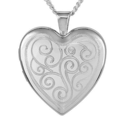 Exquisite Engraved Detail Sterling Silver Family Heart Locket for Women - On 16", 18" or 20" Inch Chain - Engravable - Open Heart Photo Locket Memory Pendant Necklace