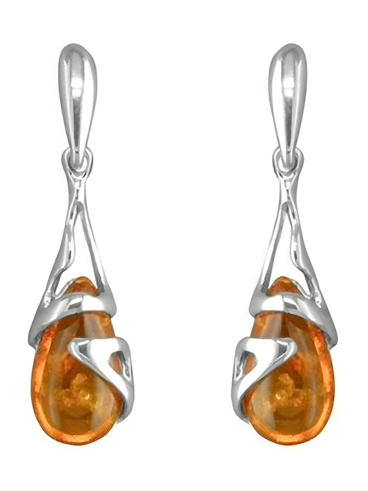 Fancy Cradled Teardrop Baltic Honey Amber Sterling Silver Dangly/Drop Earrings for Women/Girls - Unusual Art Deco Stud Earrings - Amber Jewellery. 080415