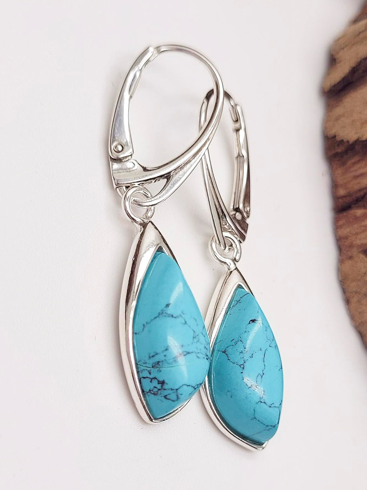 BLUE Turquoise Teardrop Sterling Silver Dangly/Dangle Drop Lever Back Earrings for Women Ladies Girls. 170130