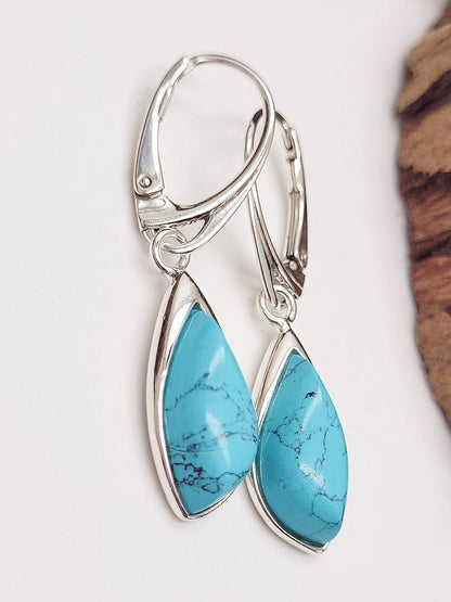 BLUE Turquoise Teardrop Sterling Silver Dangly/Dangle Drop Lever Back Earrings for Women Ladies Girls. 170130