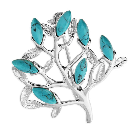 Synthetic Turquoise Tree of Life Sterling Silver Brooch - Vintage & Antique Style Brooch Pin/Clip for Women Ladies - 925 Sterling Silver. H3477/T