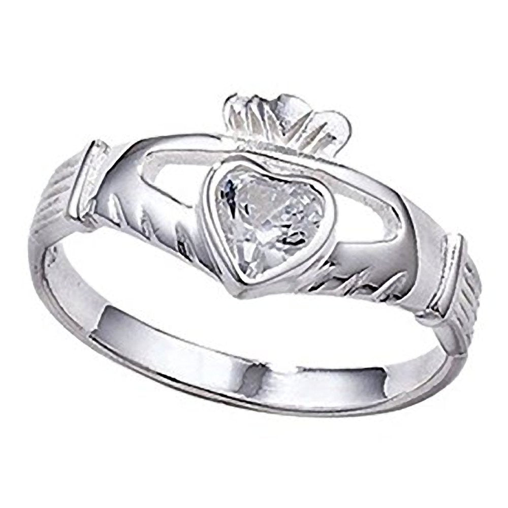 Irish Celtic Claddagh Sterling Silver Band Ring With Large Sparkling CZ Stone - Irish Jewellery – Sizes J-R Available