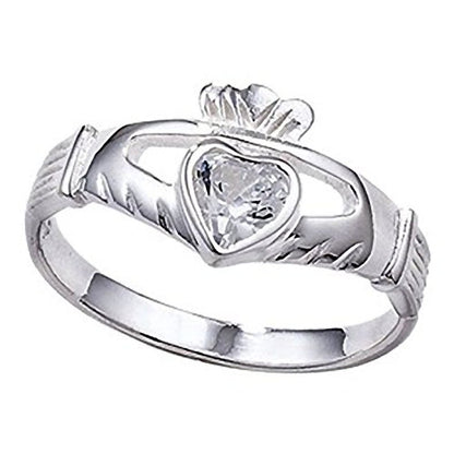 Irish Celtic Claddagh Sterling Silver Band Ring With Large Sparkling CZ Stone - Irish Jewellery – Sizes J-R Available
