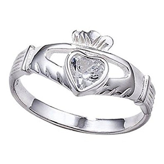 Irish Celtic Claddagh Sterling Silver Band Ring With Large Sparkling CZ Stone - Irish Jewellery – Sizes J-R Available