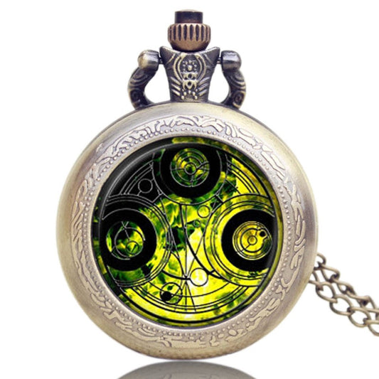 DR WHO Green Gallifrey Timelord Seal Bronze Effect Retro/Vintage Case Full Hunter Mens/Boys Quartz Pocket Watch Necklace - On 32" Inch / 80cm Chain