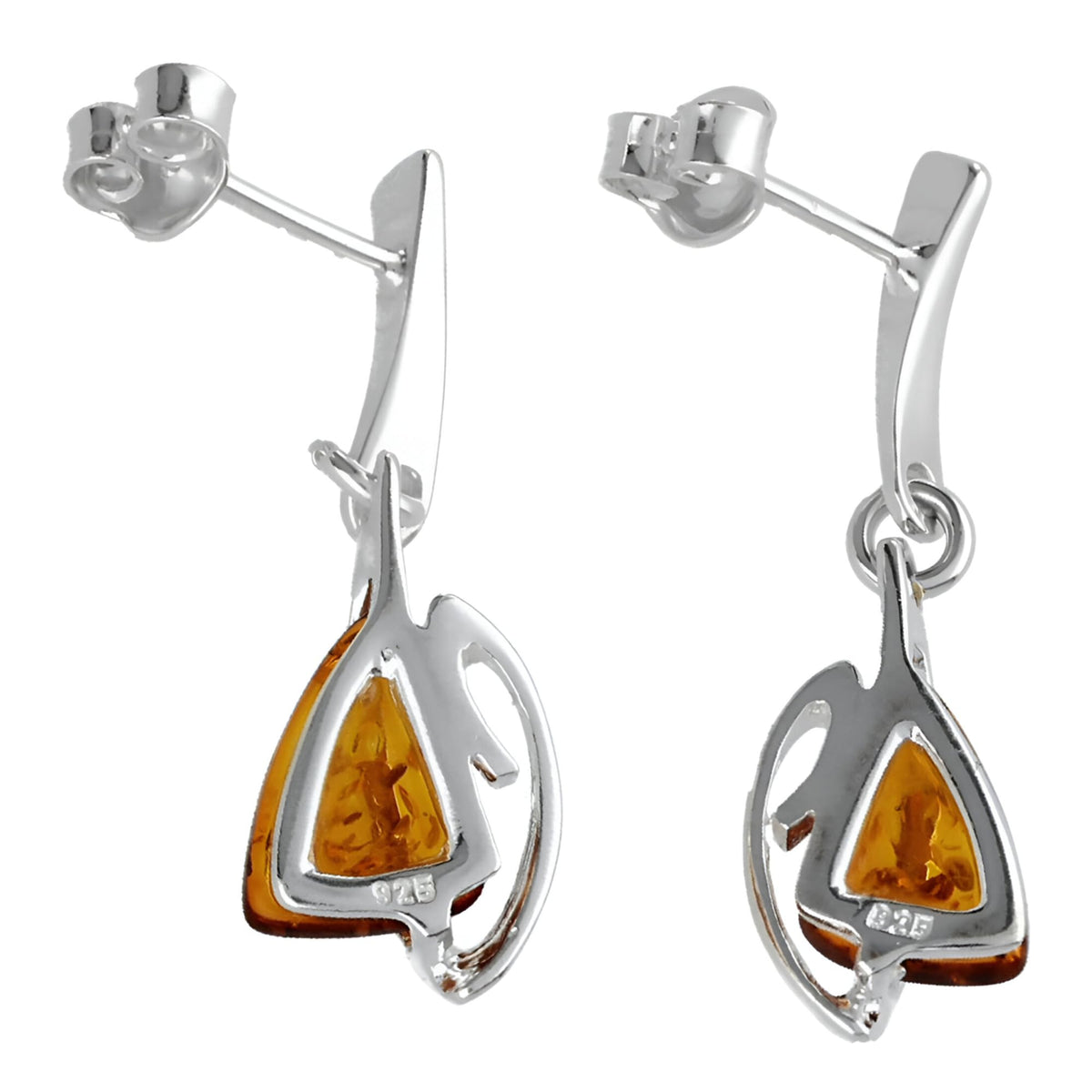 Amber Sterling Silver Earrings - Unusual Art Deco Amber Fancy Dangly Drop Earrings for Women - 925 Sterling Silver. 080417