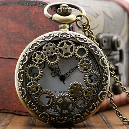 Steampunk Style 3D Gears Design/Motif Quartz Pocket Watch Necklace - On 32" Inch / 80cm Ch 