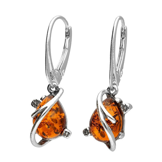 Amber Sterling Silver Earrings - Unusual Amber Fancy Dangly Drop Earrings for Women - 925 Sterling Silver Jewellery. 070321