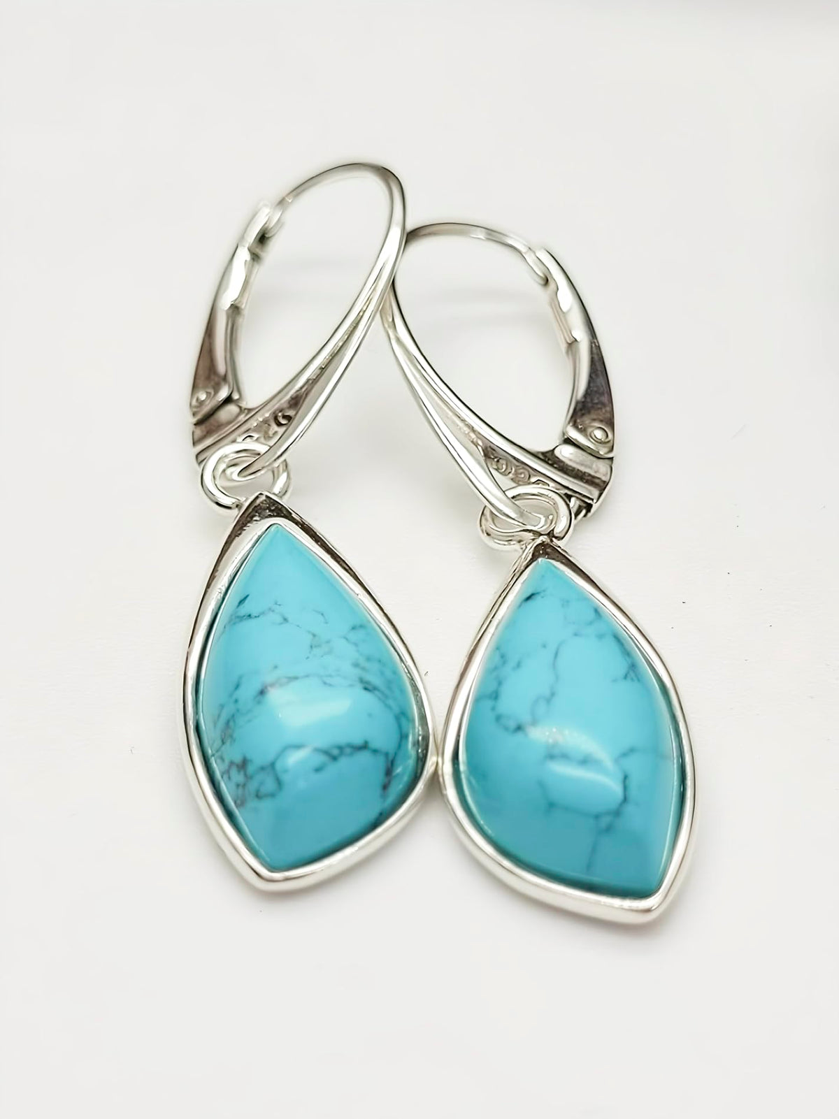 BLUE Turquoise Teardrop Sterling Silver Dangly/Dangle Drop Lever Back Earrings for Women Ladies Girls. 170130