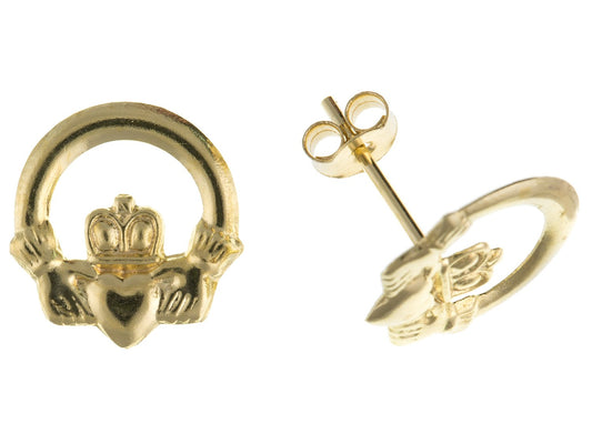 9MM Womens 9ct Yellow Gold Claddagh Celtic Stud Earrings/Ear Studs - Irish Celtic Jewellery