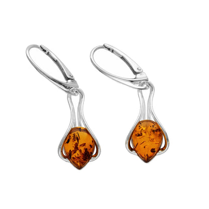 Cognac Amber Teardrop In Wire Cradle Lever Back Fancy Dangly/Dangle Drop Silver Earrings for Women/Teenage/Girls - 925 Sterling Silver - 11mm W X 23mm H - Weight: 3.05 Grams. 070038