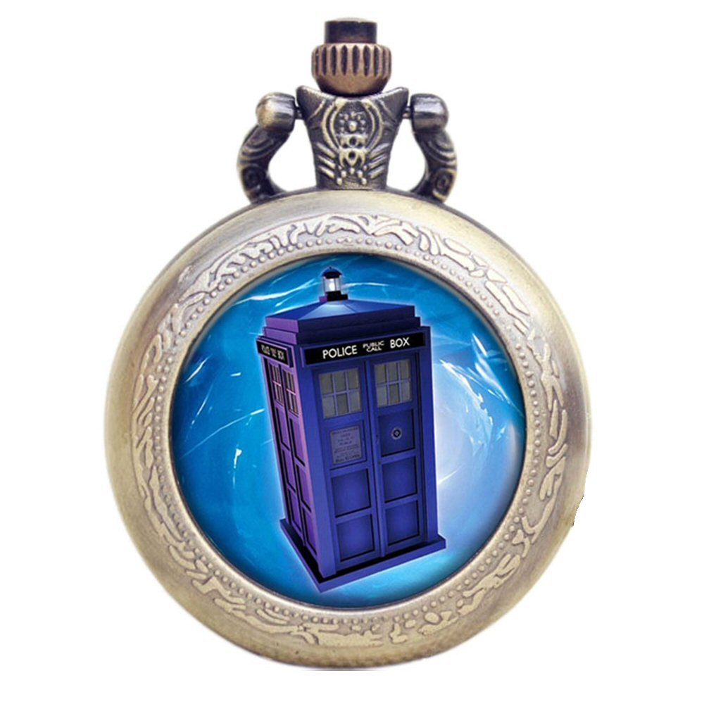DR WHO Blue Tardis Bronze Effect Retro/Vintage Case Full Hunter Mens/Boys Quartz Pocket Watch Necklace - On 32" Inch / 80cm Chain