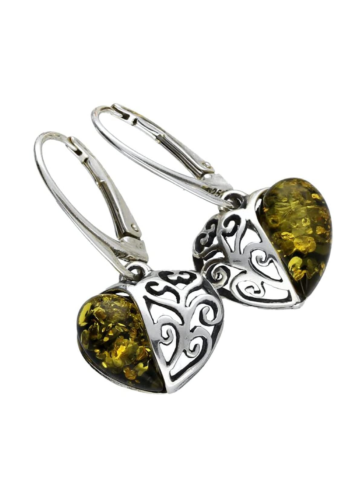 Filigree Heart Baltic Amber Lever Back 925 Sterling Silver Earrings for Women/Ladies/Girls 