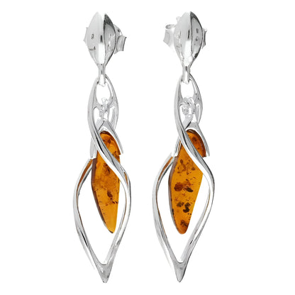 Cognac Amber In Twisted Helix Art Deco Fancy Dangly/Dangle Drop Silver Earrings for Women/Teenage/Girls - 925 Sterling Silver - 7mm W X 37mm H - Weight: 3.0 Grams. 080434