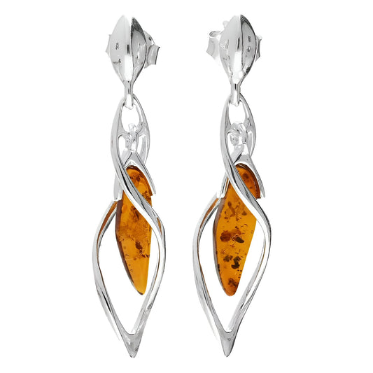 Cognac Amber In Twisted Helix Art Deco Fancy Dangly/Dangle Drop Silver Earrings for Women/Teenage/Girls - 925 Sterling Silver - 7mm W X 37mm H - Weight: 3.0 Grams. 080434