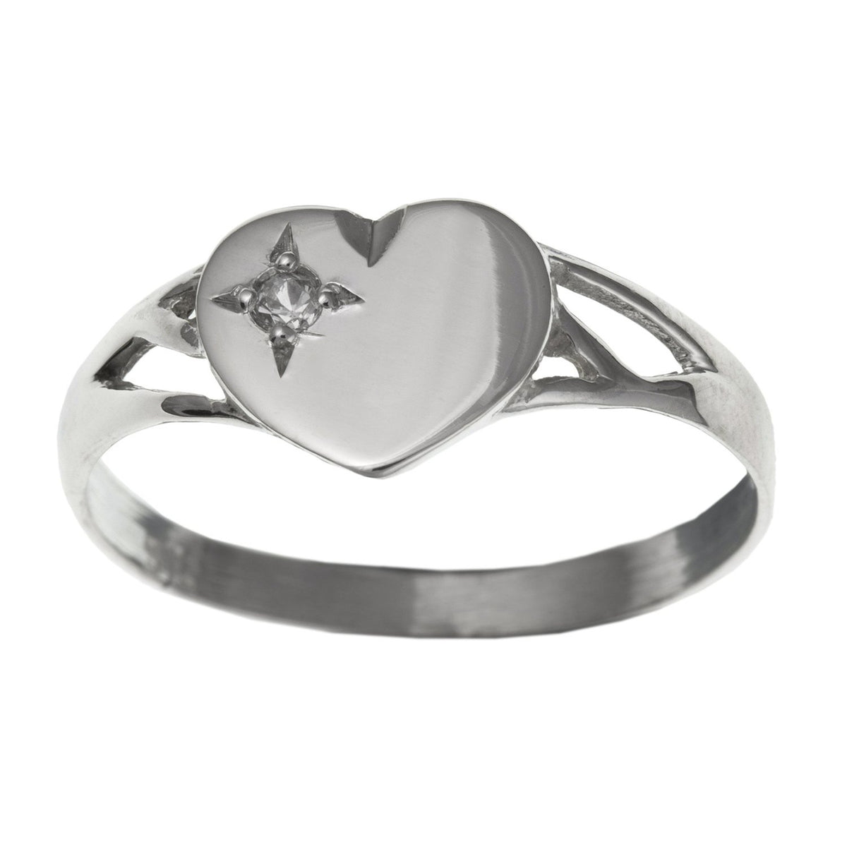 WOMENS White/Clear Cubic Zirconia (CZ) Set Heart Sterling Silver Signet Ring With Cut-Out Shoulders - Engravable