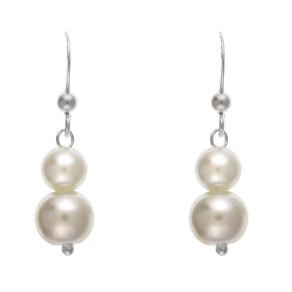 White Simulated/Faux Double Graduated Pearl Dangly/Dangle Drop Hook Earrings for Women/Teenage/Girls - 925 Sterling Silver - 8mm Width X 30mm Height