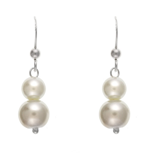 White Simulated/Faux Double Graduated Pearl Dangly/Dangle Drop Hook Earrings for Women/Teenage/Girls - 925 Sterling Silver - 8mm Width X 30mm Height