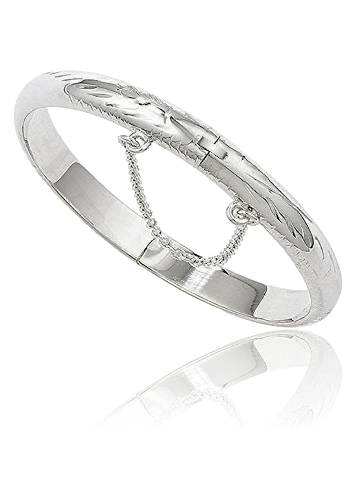 Diamond Cut Engraved/Etched Pattern Hinged Bangle Bracelet With Safety Chain for Baby/Chil 