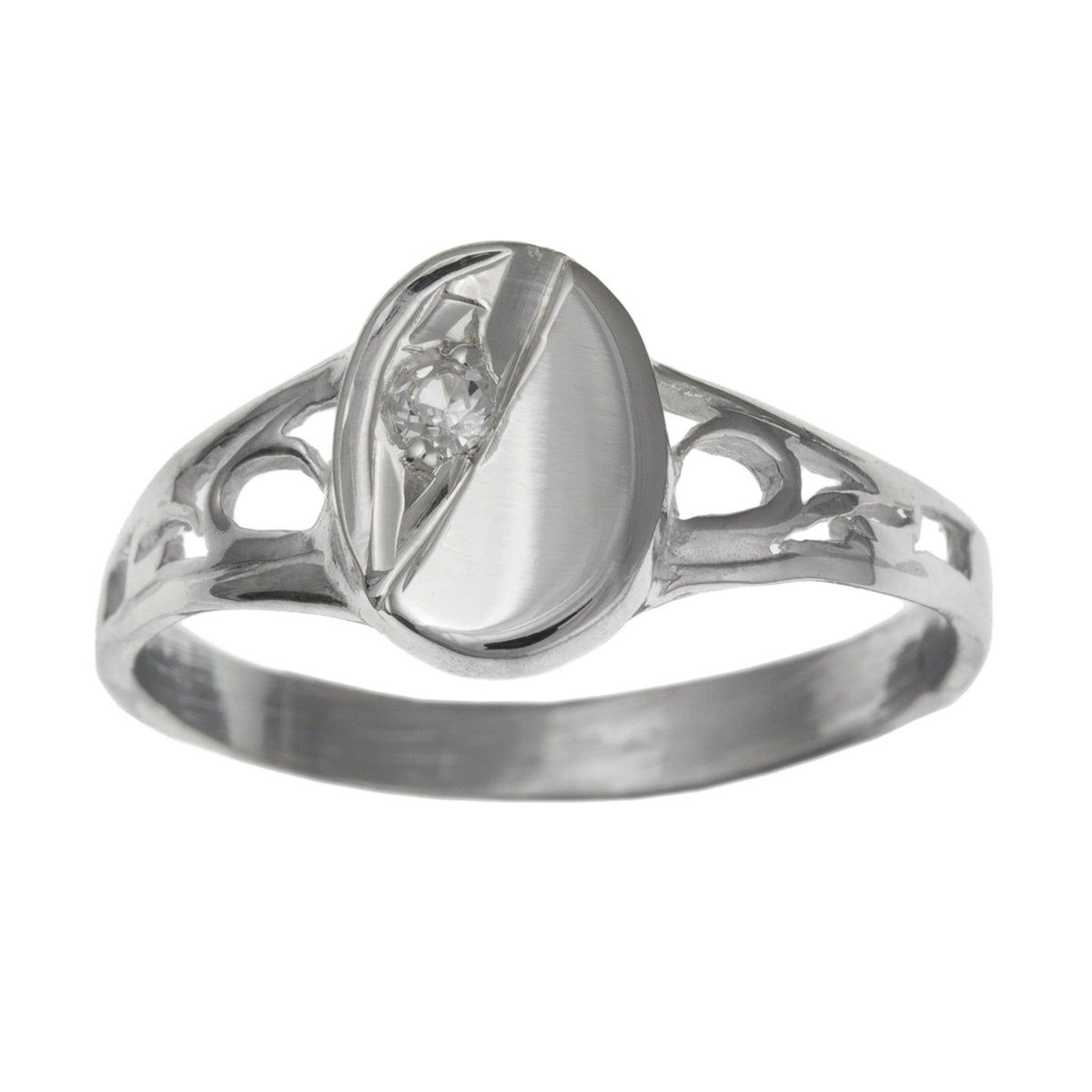 Childrens/Childs/Girls White/Clear Cubic Zirconia (CZ) Set Oval Sterling Silver Signet Ring With Cut-Out Shoulders - Engravable