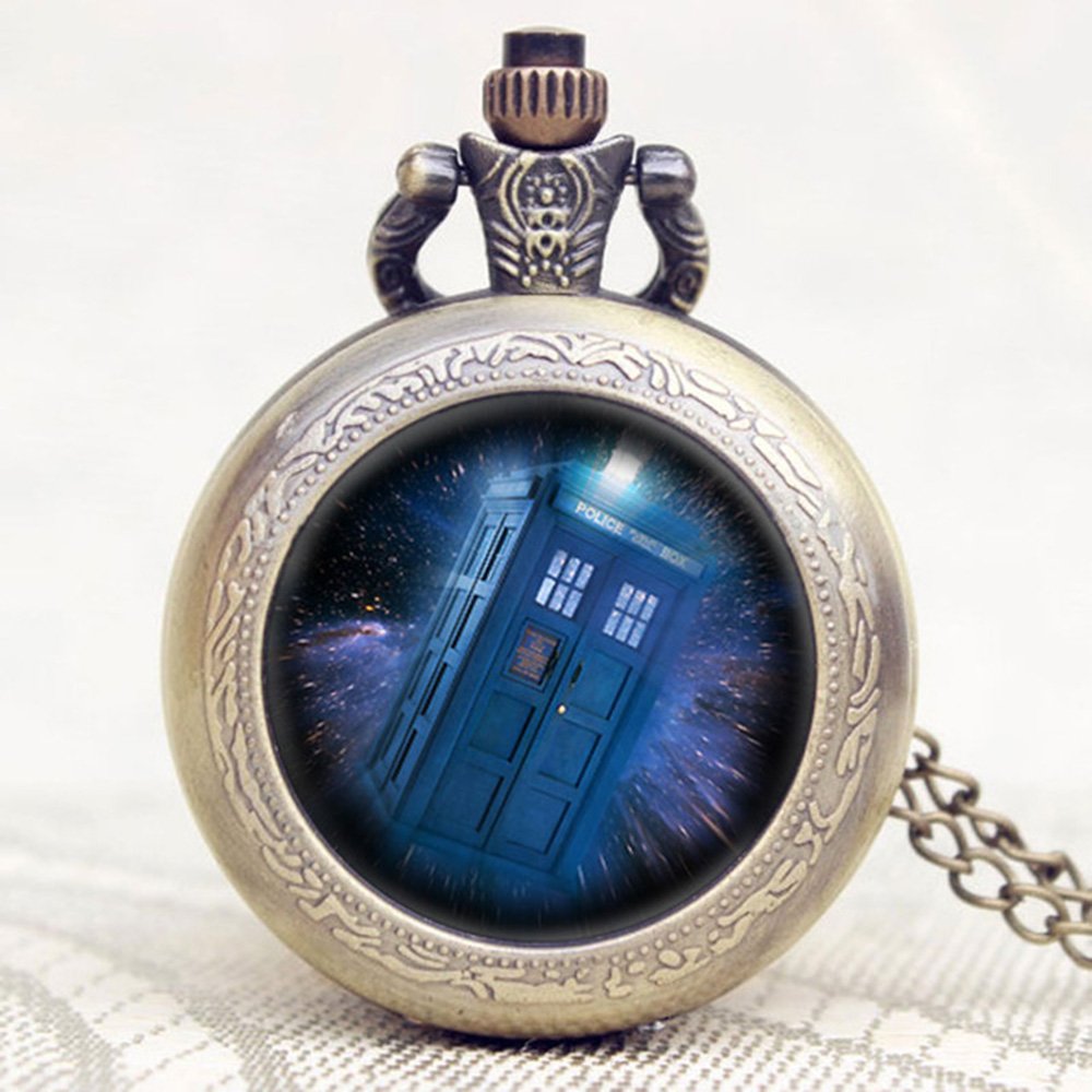 DR WHO Blue Tardis in Space Bronze Effect Retro/Vintage Case Full Hunter Mens/Boys Quartz Pocket Watch Necklace - On 32" Inch / 80cm Chain