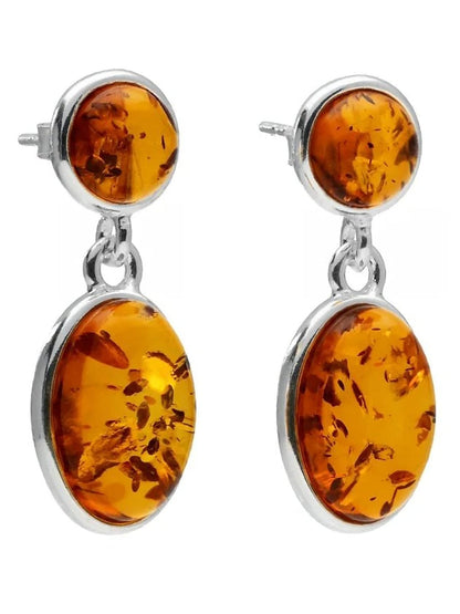 Circle & Oval Cabochon Cut Baltic Honey Amber Sterling Silver Earrings for Women/Girls - Elegant Dangly/Dangle Drop Stud Earrings - Amber Jewellery. 080345C