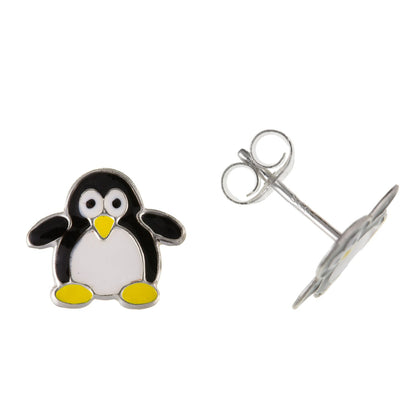 PENGUIN Stud Earrings/Pair of Ear Studs in Black White & Yellow Enamel - 925 Sterling Silver - Girls/Childs/Childrens Earrings for Children