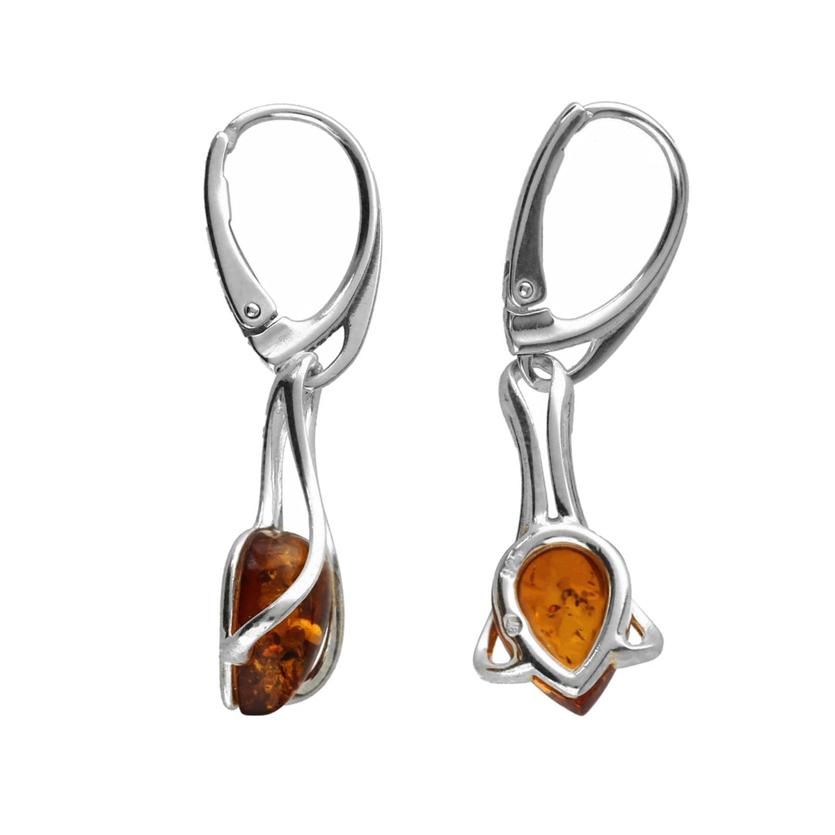 Cognac Amber Teardrop In Wire Cradle Lever Back Fancy Dangly/Dangle Drop Silver Earrings for Women/Teenage/Girls - 925 Sterling Silver - 11mm W X 23mm H - Weight: 3.05 Grams. 070038