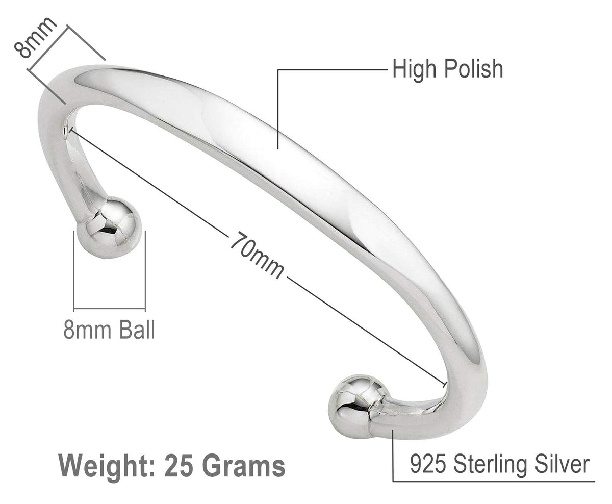 MENS Sterling Silver Solid Torque/Torc ID Cuff Bangle - 925 Sterling Silver - Engravable Double Ball Cuff Bracelet for Men Teenagers