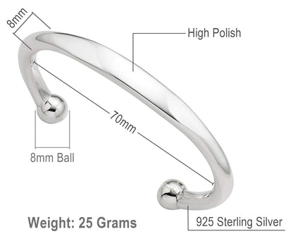MENS Sterling Silver Solid Torque/Torc ID Cuff Bangle - 925 Sterling Silver - Engravable Double Ball Cuff Bracelet for Men Teenagers