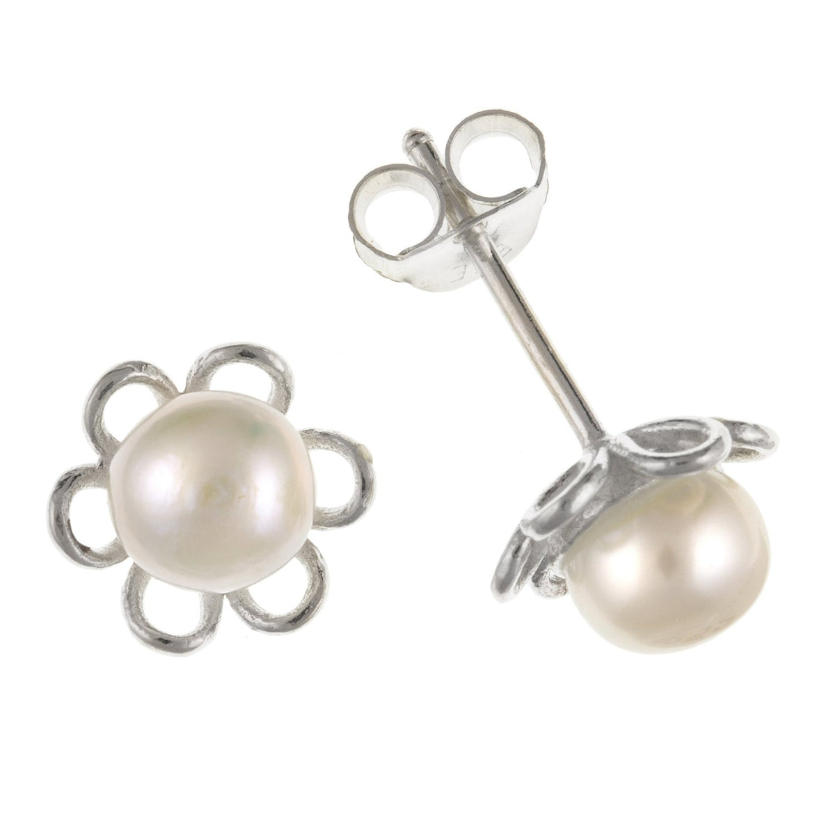 White Simulated/Faux Pearl Daisy Design Stud Earrings/Ear Studs - 9MM Wide - 925 Sterling Silver