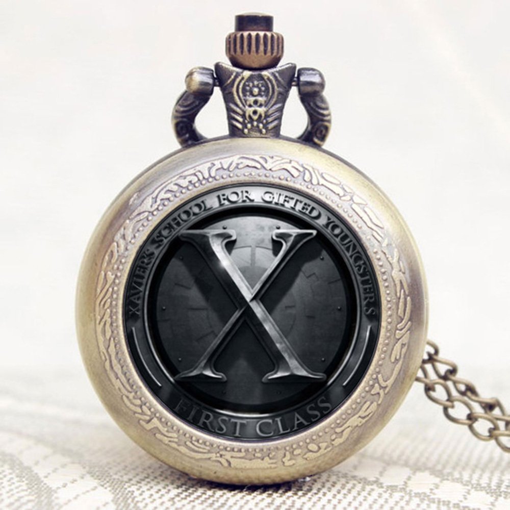 Xmen Logo Antique Bronze Effect Retro/Vintage Case Men's Quartz Pocket Watch Necklace - On 32" Inch / 80cm Chain
