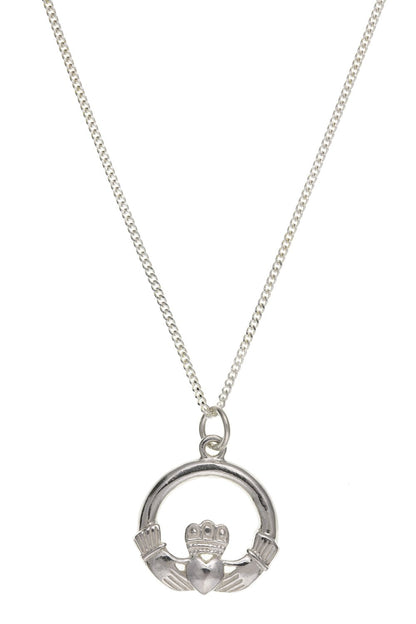 Irish Celtic Claddagh Pendant Necklace On 16" Inch Curb Chain - 925 Sterling Silver