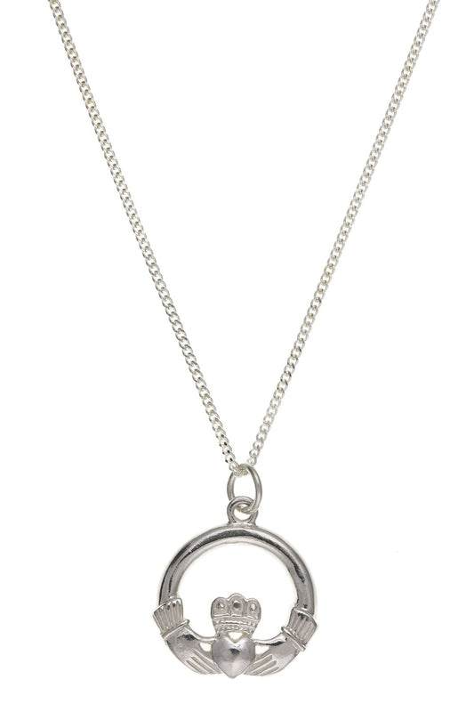 Irish Celtic Claddagh Pendant Necklace On 16" Inch Curb Chain - 925 Sterling Silver