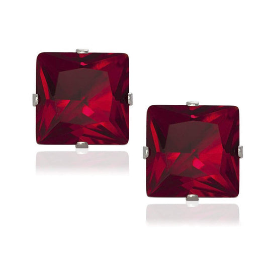 7MM Square Princess Cut CZ Birthstone Stud Earrings/Ear Studs for Women - 925 Sterling Sil ##01-january-garnet-red