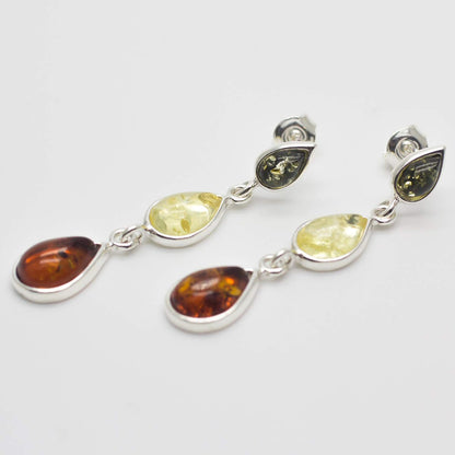 Amber Sterling Silver Earrings - Unusual Long Mixed Orange Yellow & Green Amber Fancy Dangly Drop 070405