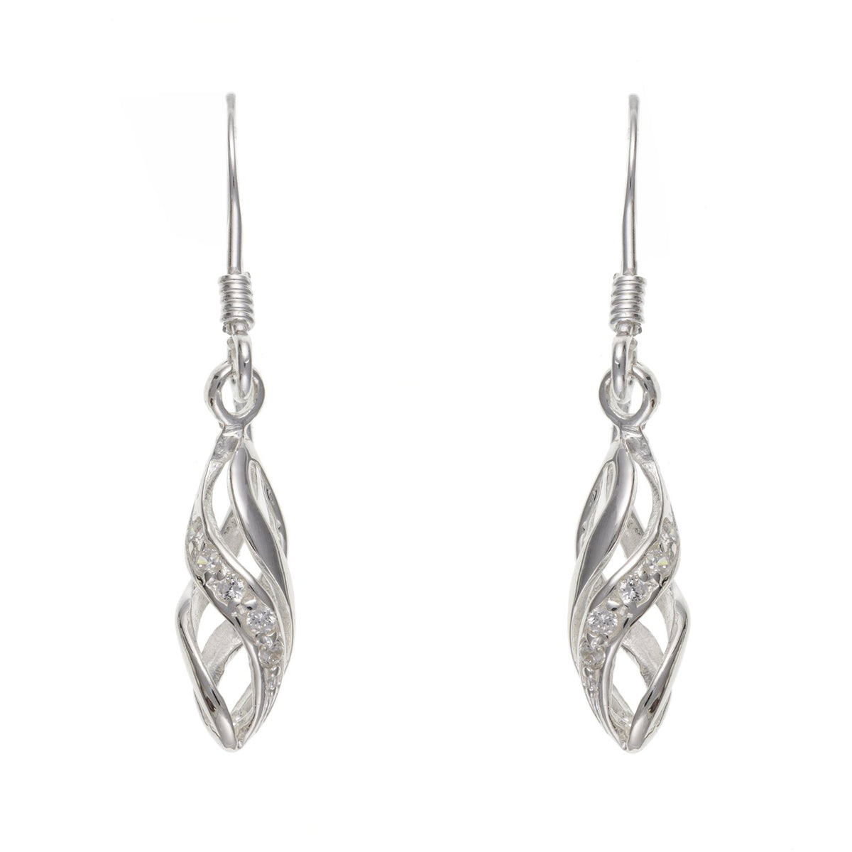 Twisted Spiral White/Clear Sparkly Cubic Zirconias (CZ) Set Dangly/Dangle Drop Hook Earrings for Women/Teenage/Girls - 925 Sterling Silver