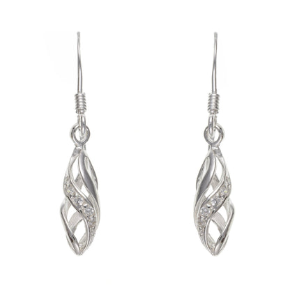 Twisted Spiral White/Clear Sparkly Cubic Zirconias (CZ) Set Dangly/Dangle Drop Hook Earrings for Women/Teenage/Girls - 925 Sterling Silver
