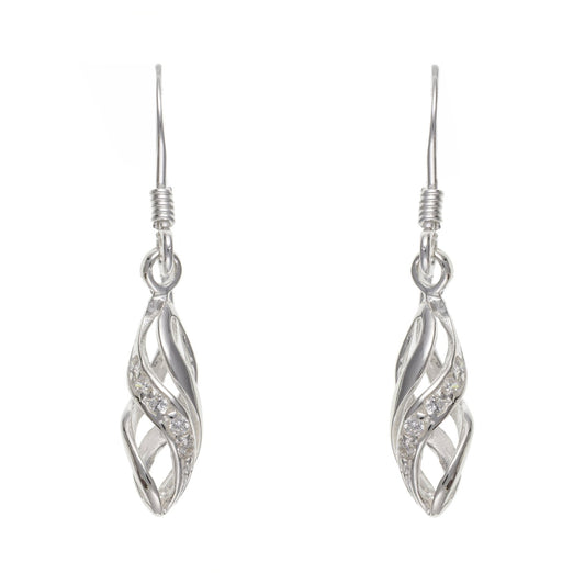 Twisted Spiral White/Clear Sparkly Cubic Zirconias (CZ) Set Dangly/Dangle Drop Hook Earrings for Women/Teenage/Girls - 925 Sterling Silver