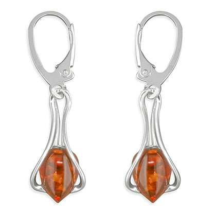 Cognac Amber Teardrop In Wire Cradle Lever Back Fancy Dangly/Dangle Drop Silver Earrings for Women/Teenage/Girls - 925 Sterling Silver - 11mm W X 23mm H - Weight: 3.05 Grams. 070038