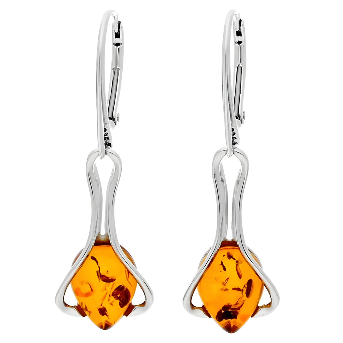 Cognac Amber Teardrop In Wire Cradle Lever Back Fancy Dangly/Dangle Drop Silver Earrings for Women/Teenage/Girls - 925 Sterling Silver - 11mm W X 23mm H - Weight: 3.05 Grams. 070038