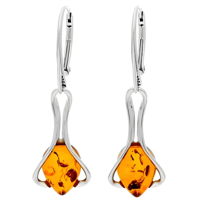 Cognac Amber Teardrop In Wire Cradle Lever Back Fancy Dangly/Dangle Drop Silver Earrings for Women/Teenage/Girls - 925 Sterling Silver - 11mm W X 23mm H - Weight: 3.05 Grams. 070038