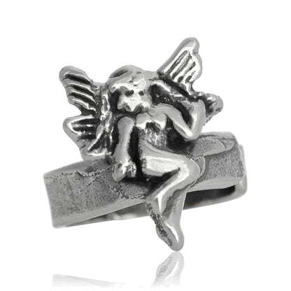 Small Winged Fairy/Angel On Band Middle Inner Ear Cuff Clip-On Earring - 925 Sterling Silver